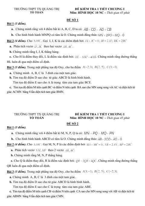 Đề kiểm tra 1 tiết chương 1 Hình học 10 NC năm 2018 – 2019 trường Thị Xã Quảng Trị (bản Word)